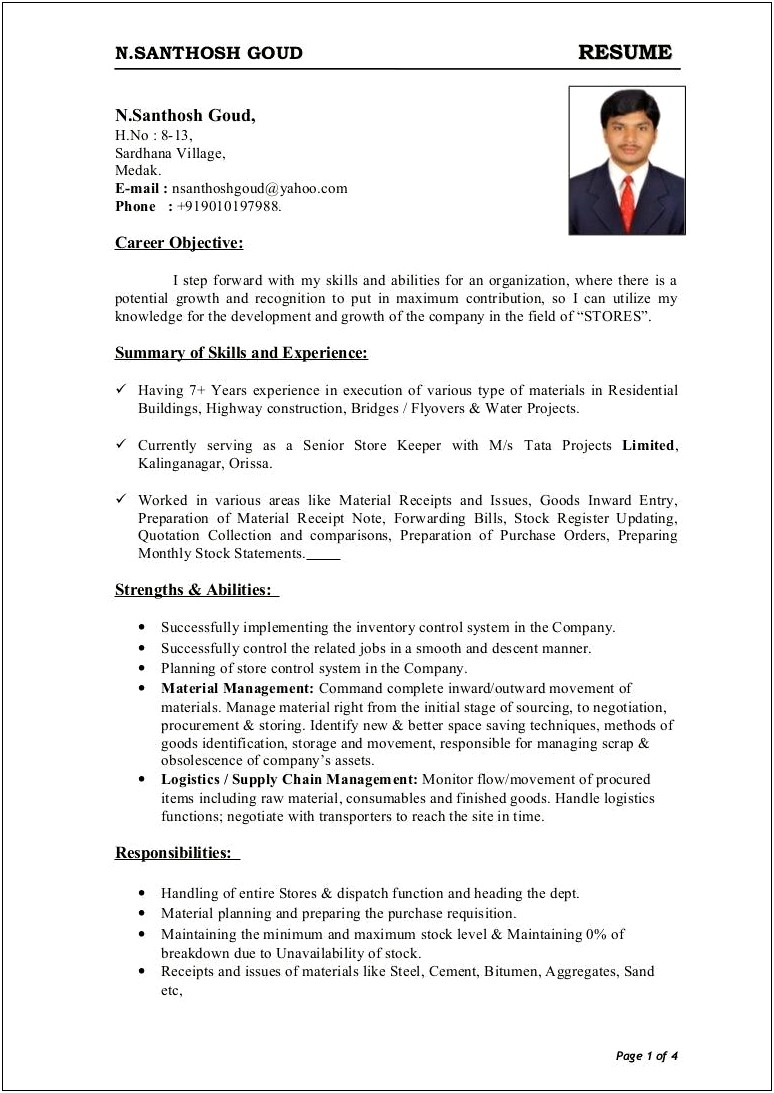 Store Incharge Resume Format In Word