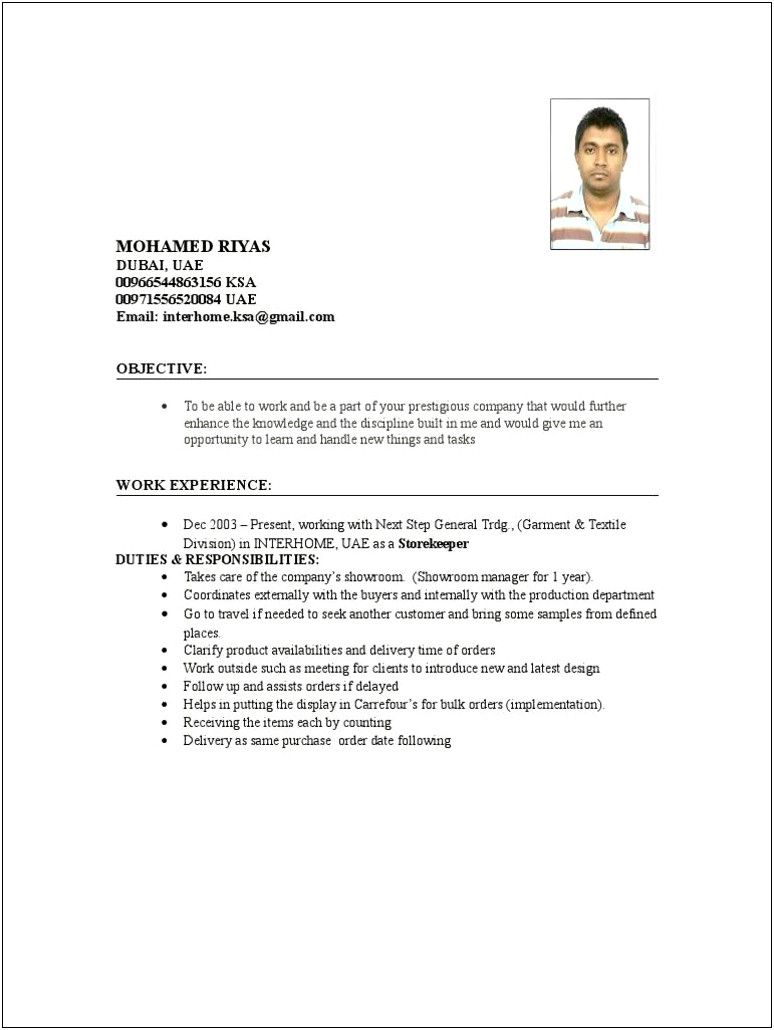 Store Keeper Job Description For Resume