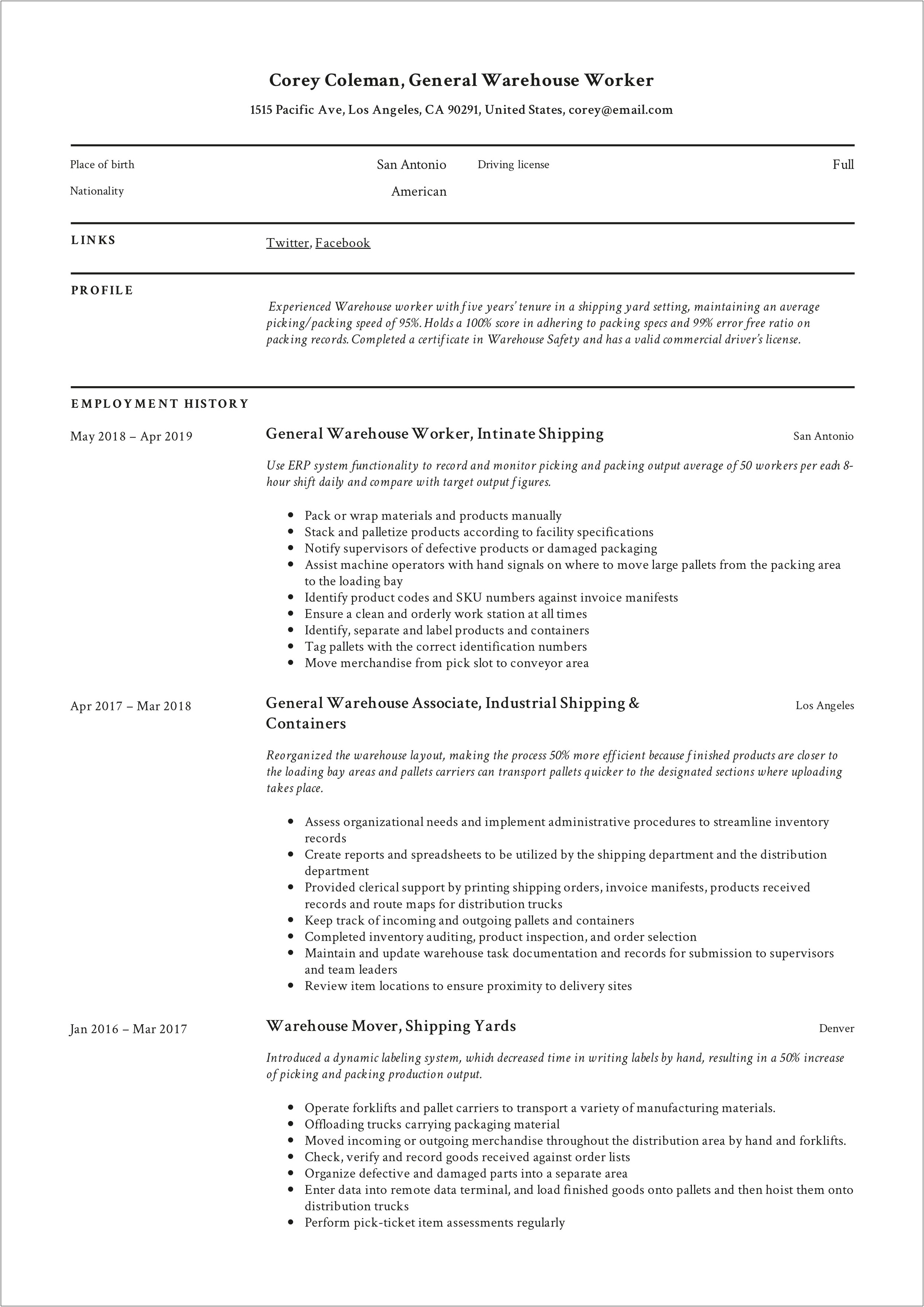 Store Warehouse Associate Objective Resume Samples