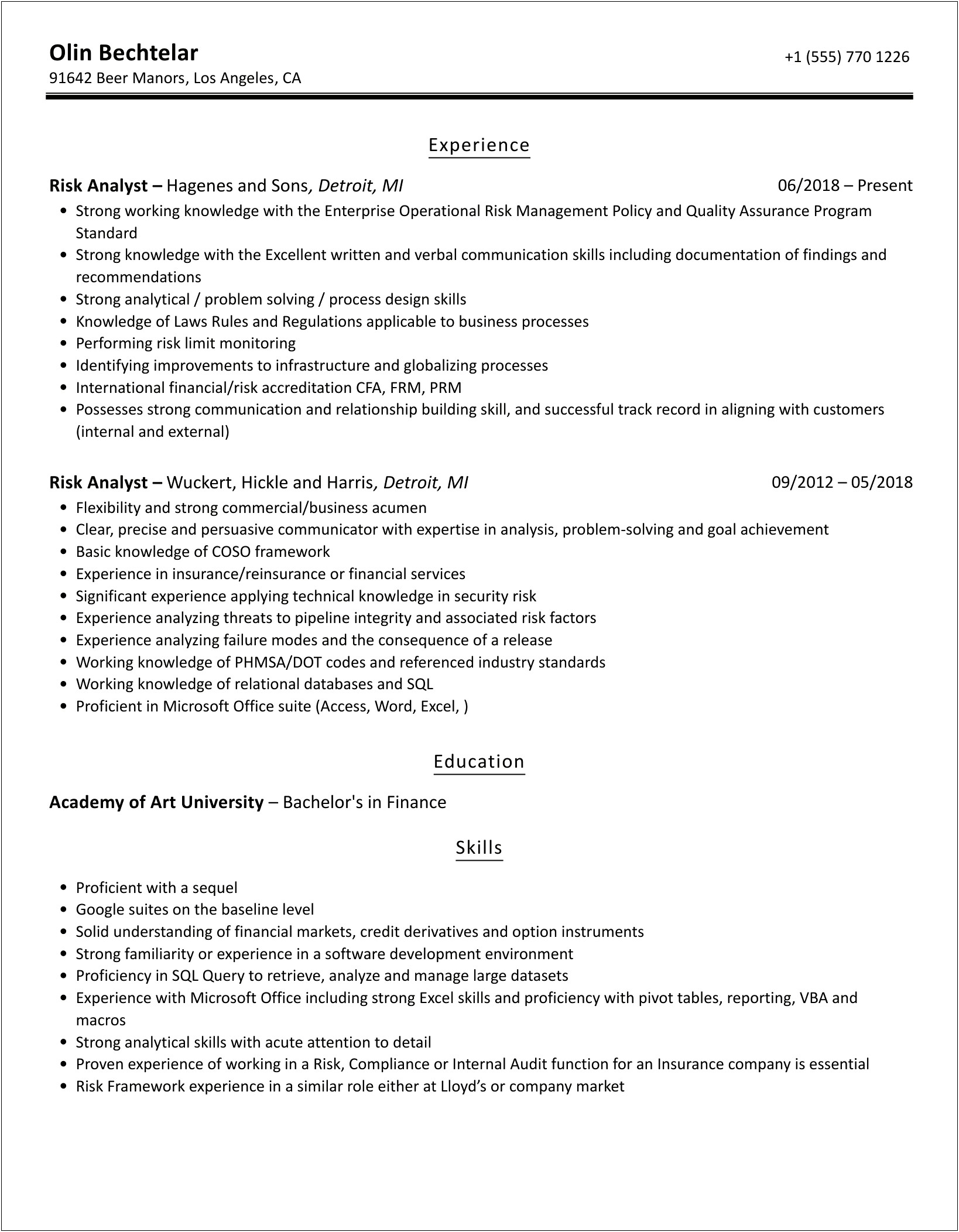 Strong Summary Statement For Risk Analyst Resume