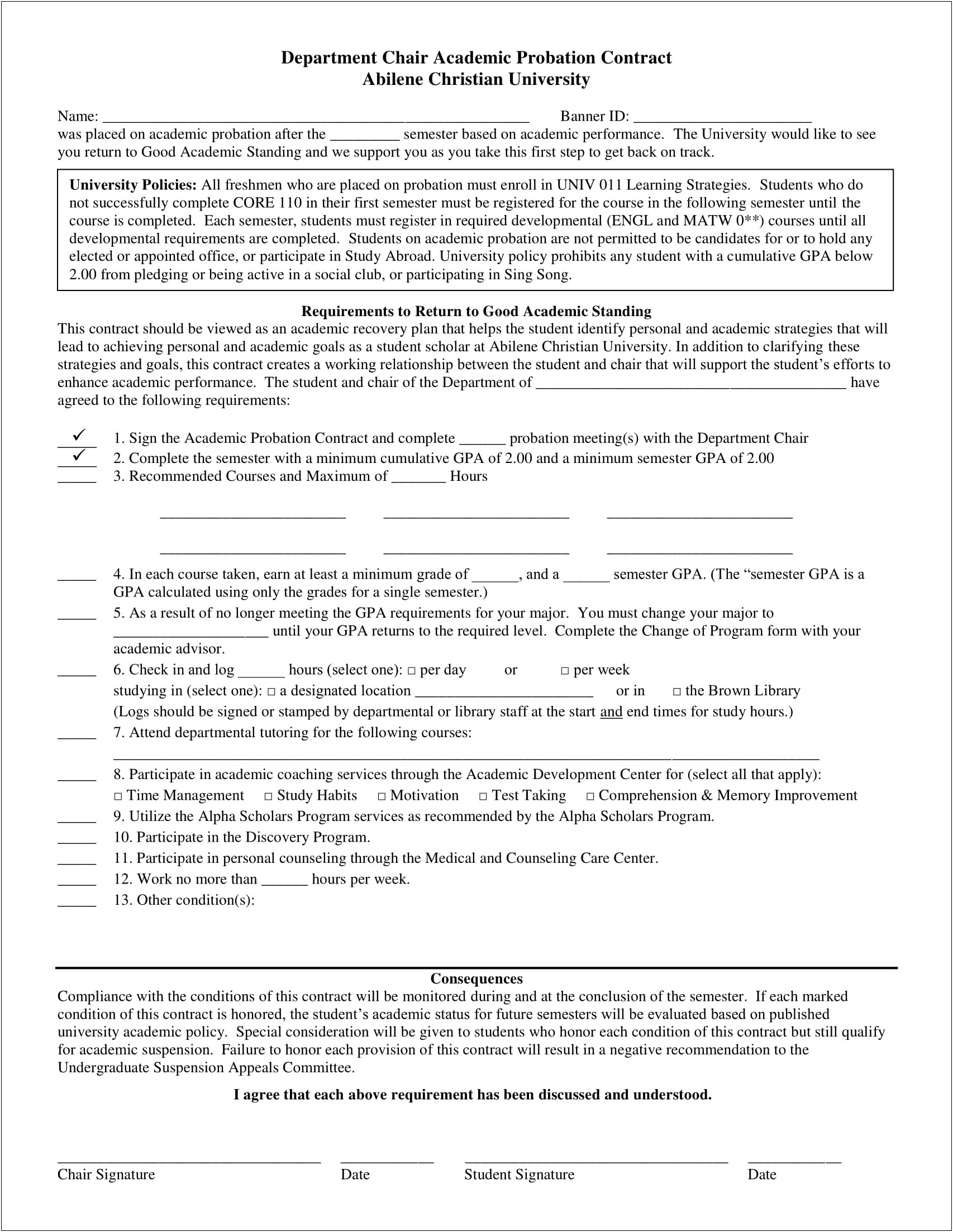 Student Learning Contract Middle School Templates Free