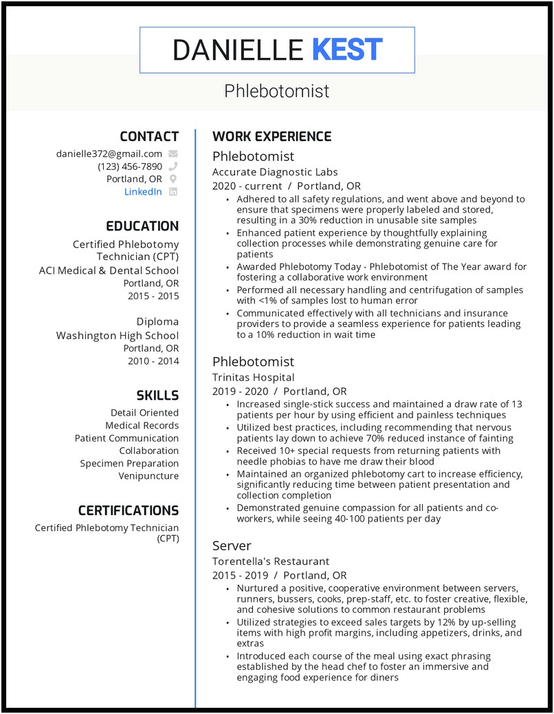 Student Phlebotomist Job Description For Resume