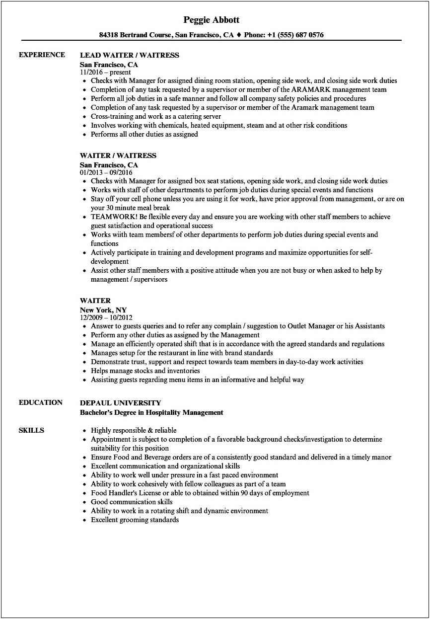 Student Resume Objective Examples For Waitress