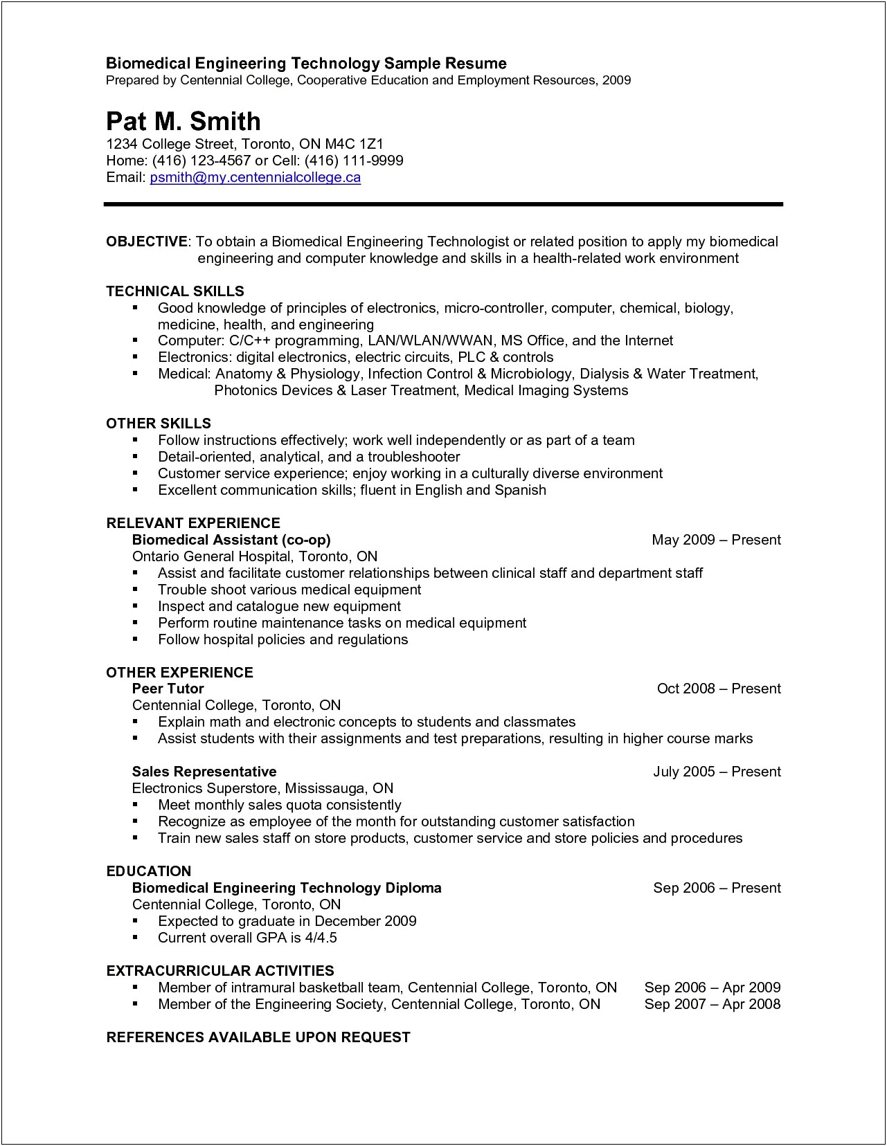 Student Technician Resume For On Campus Job