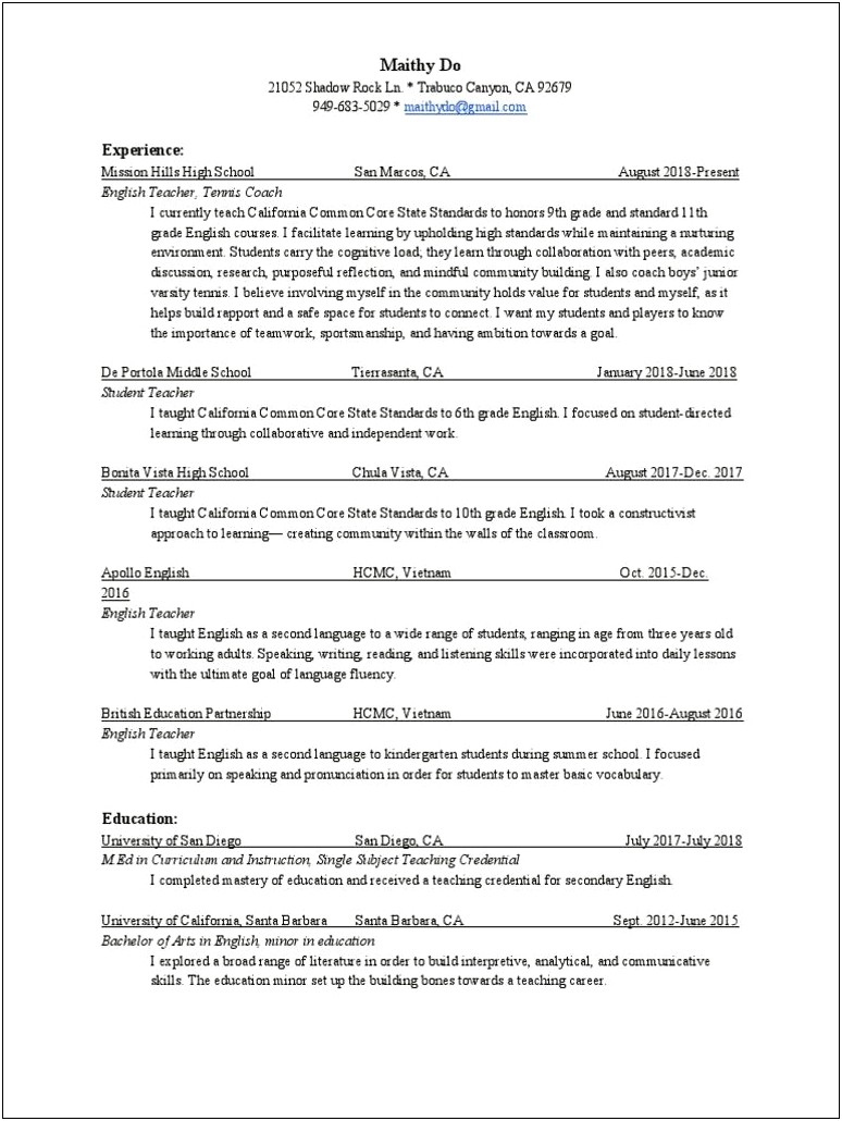 Subject Studied In High School On Resume