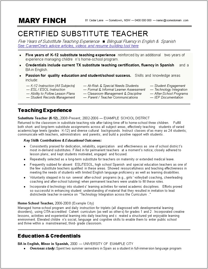 Substitute Teacher Sample Resume In Word Format