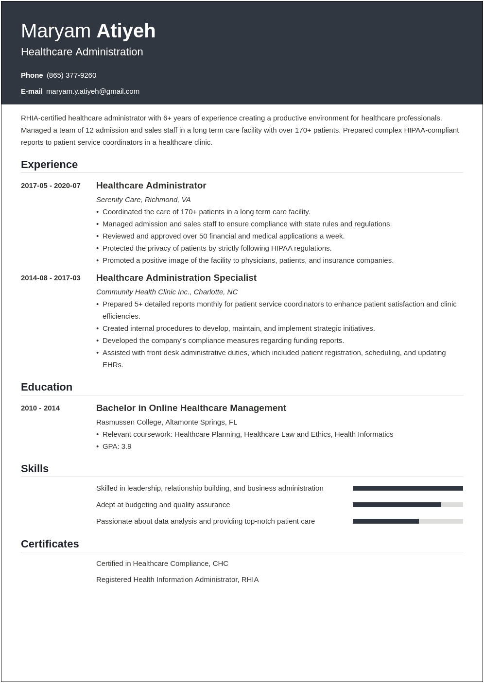 Successful Health Care Administration Resume Examples