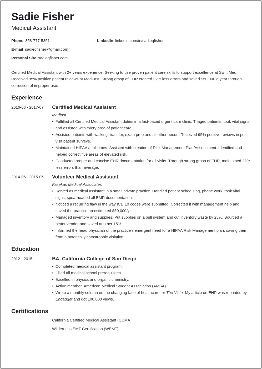 Summary For Experienced Medical Assistant Resume