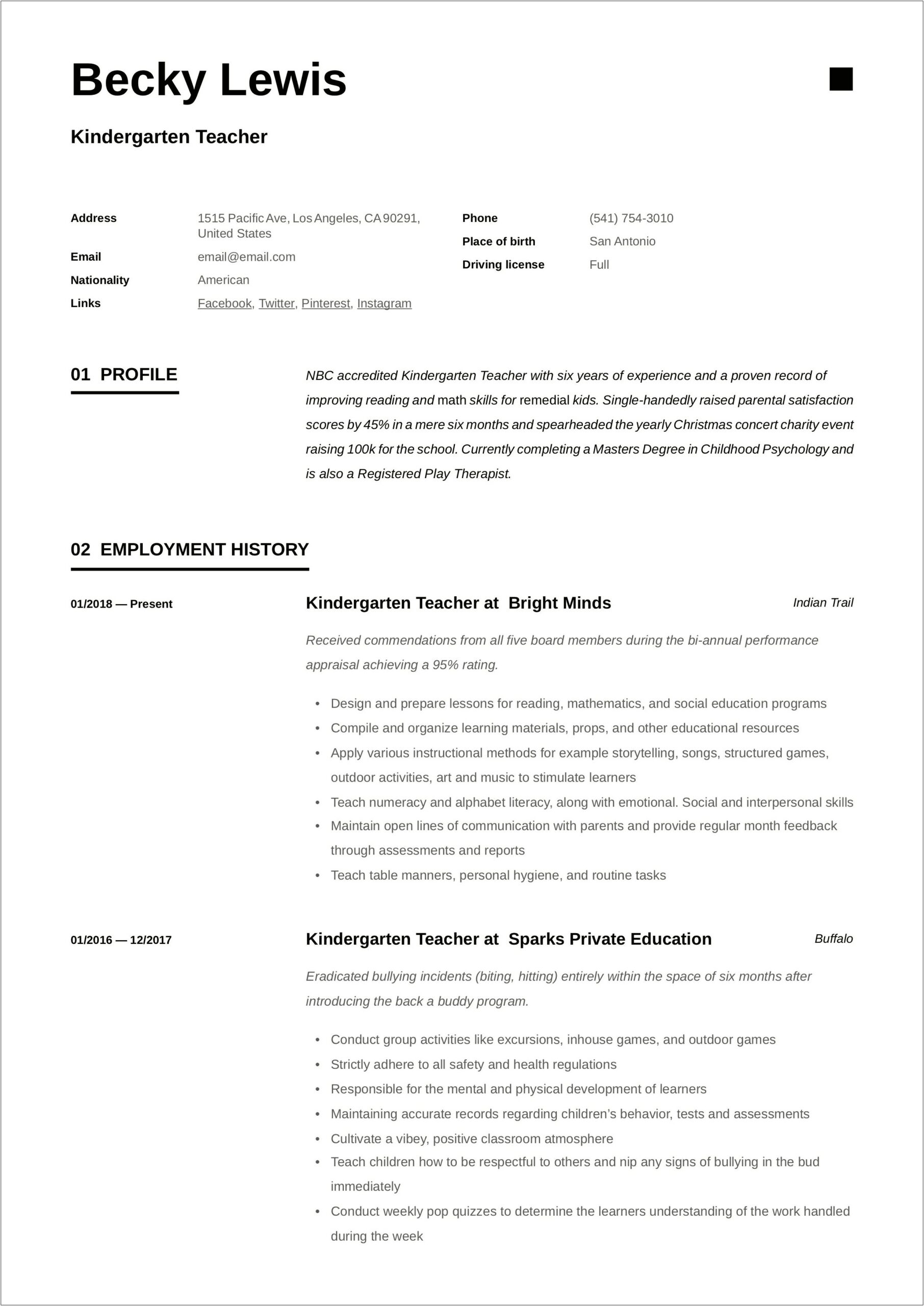 Summary For Preschool Teacher On Resume