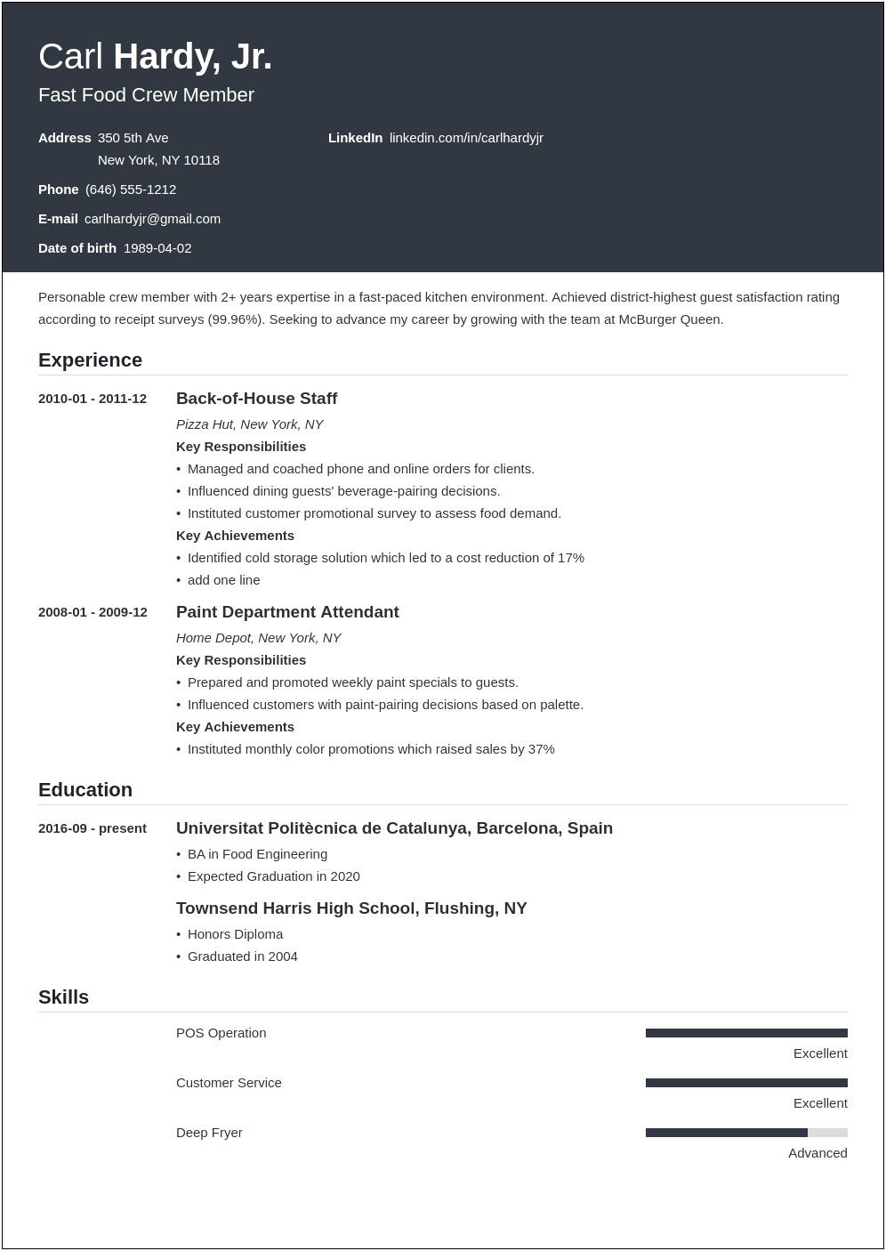 Summary For Resume Examples Crew Member