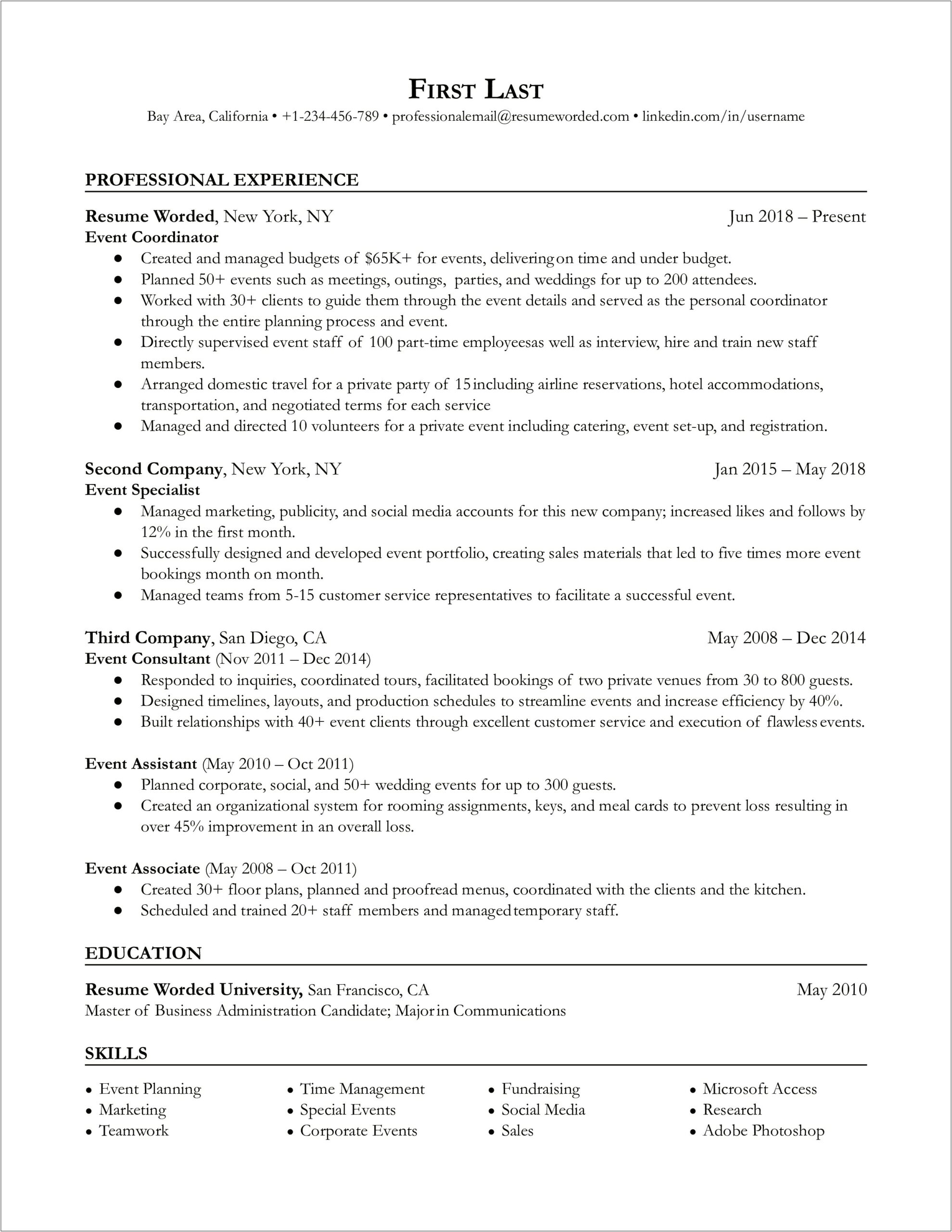 Summary For Resume For Event Planner