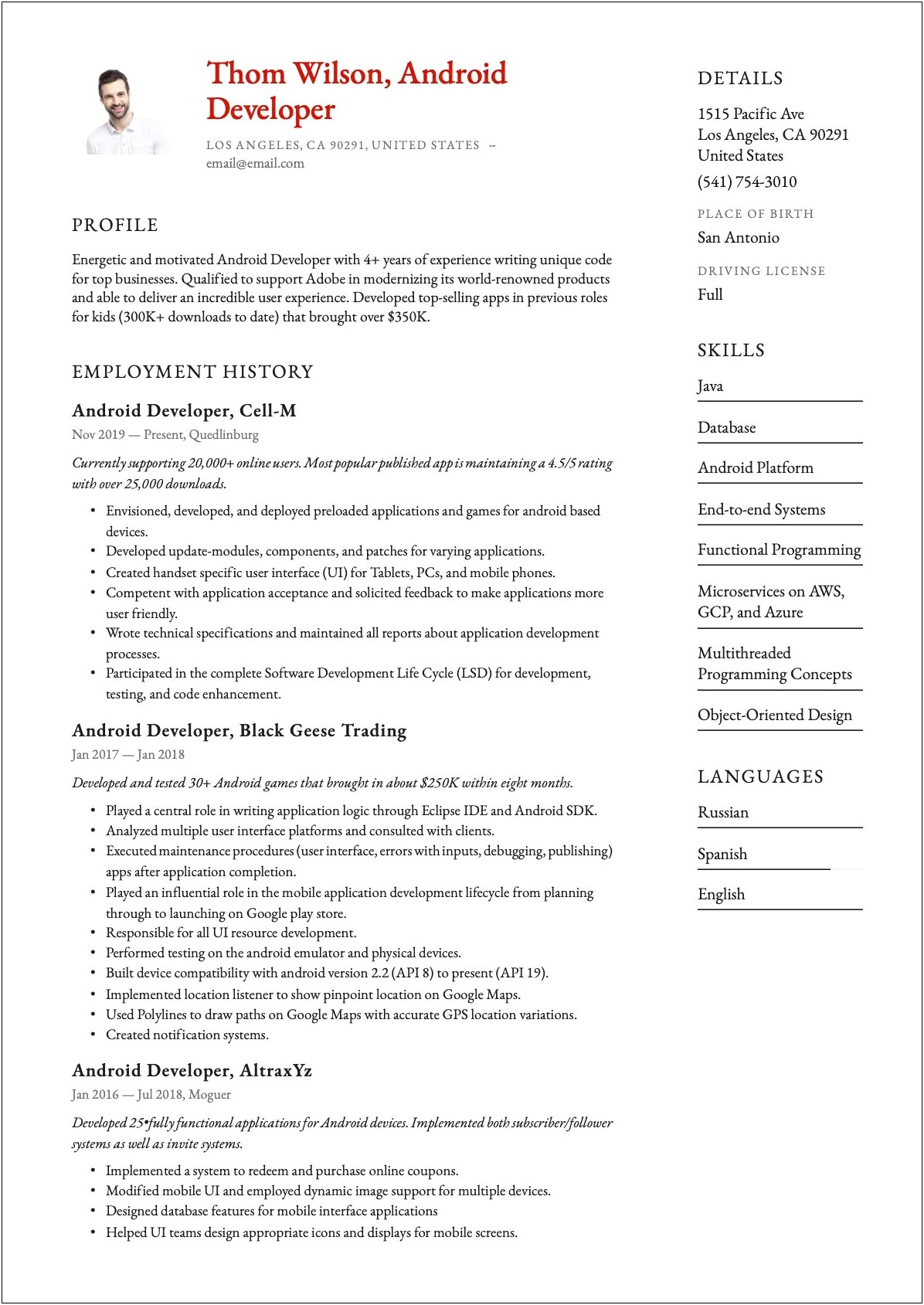 Summary For Resume For Experienced Android Developer