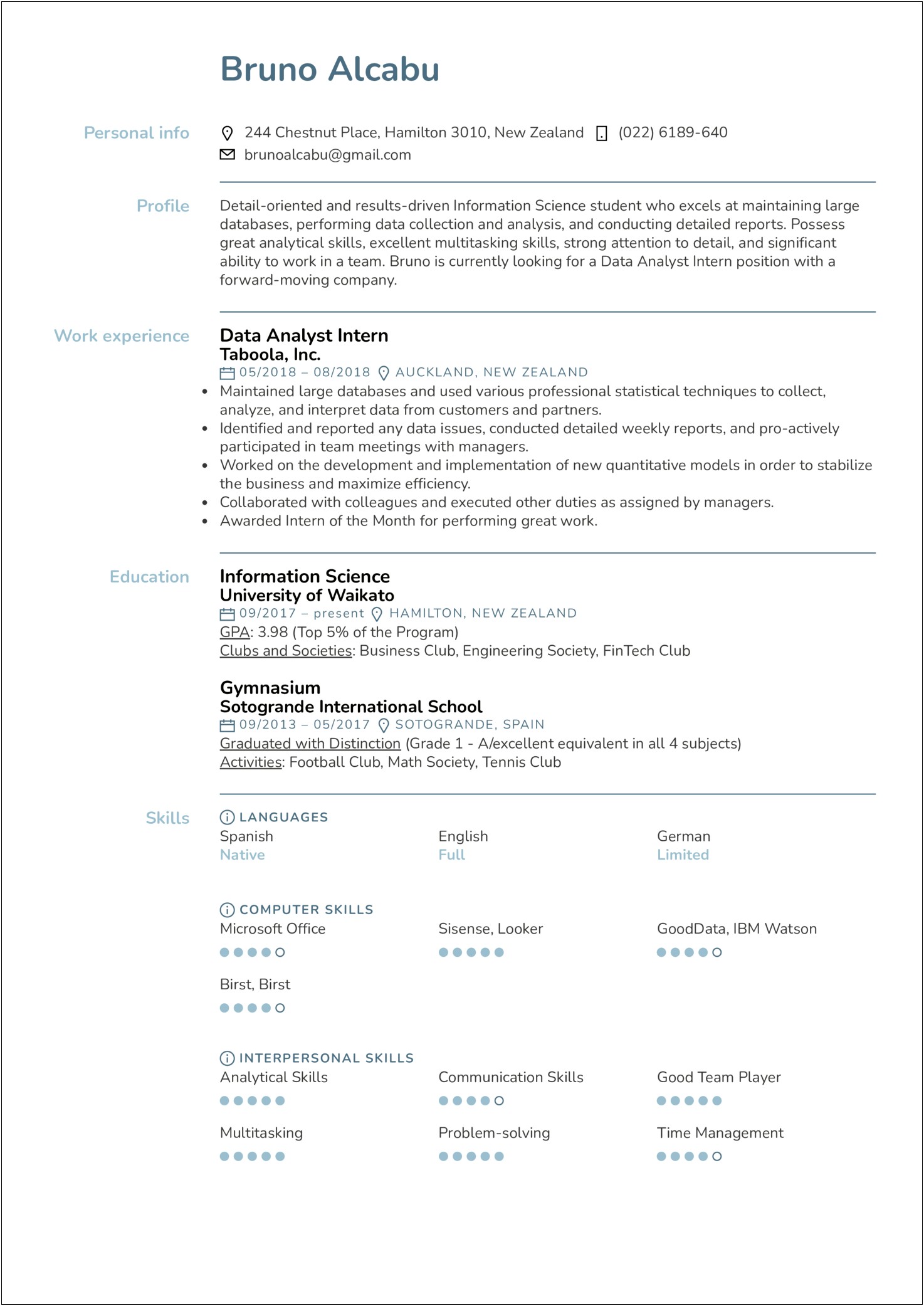 Summary For Resume For Internship Computer Science