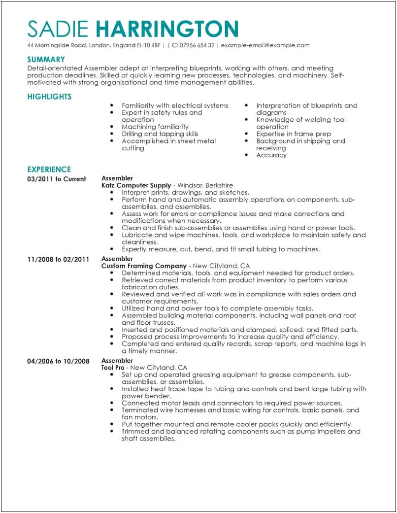 Summary For Resume For Light Assembler