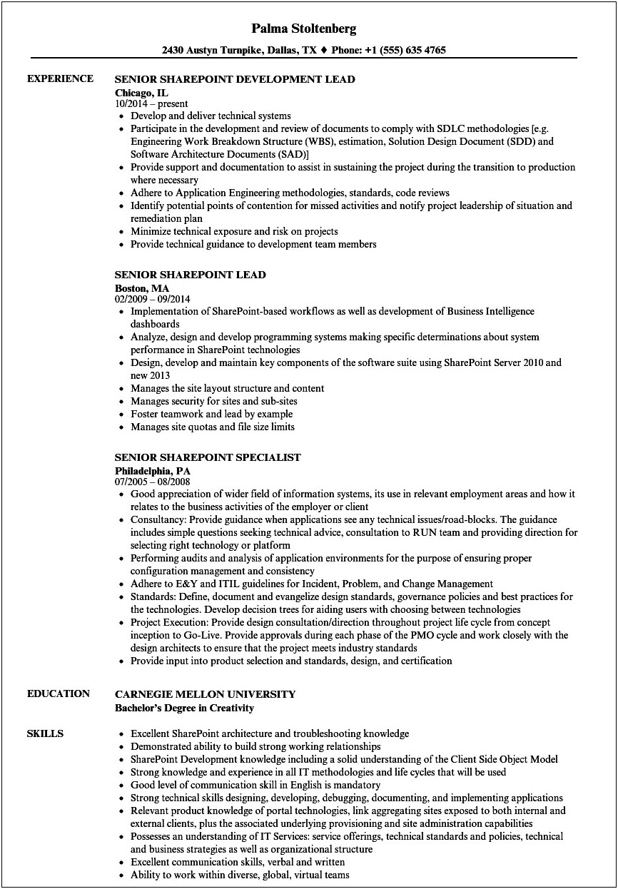 Summary For Resume For Sharepoint Developer