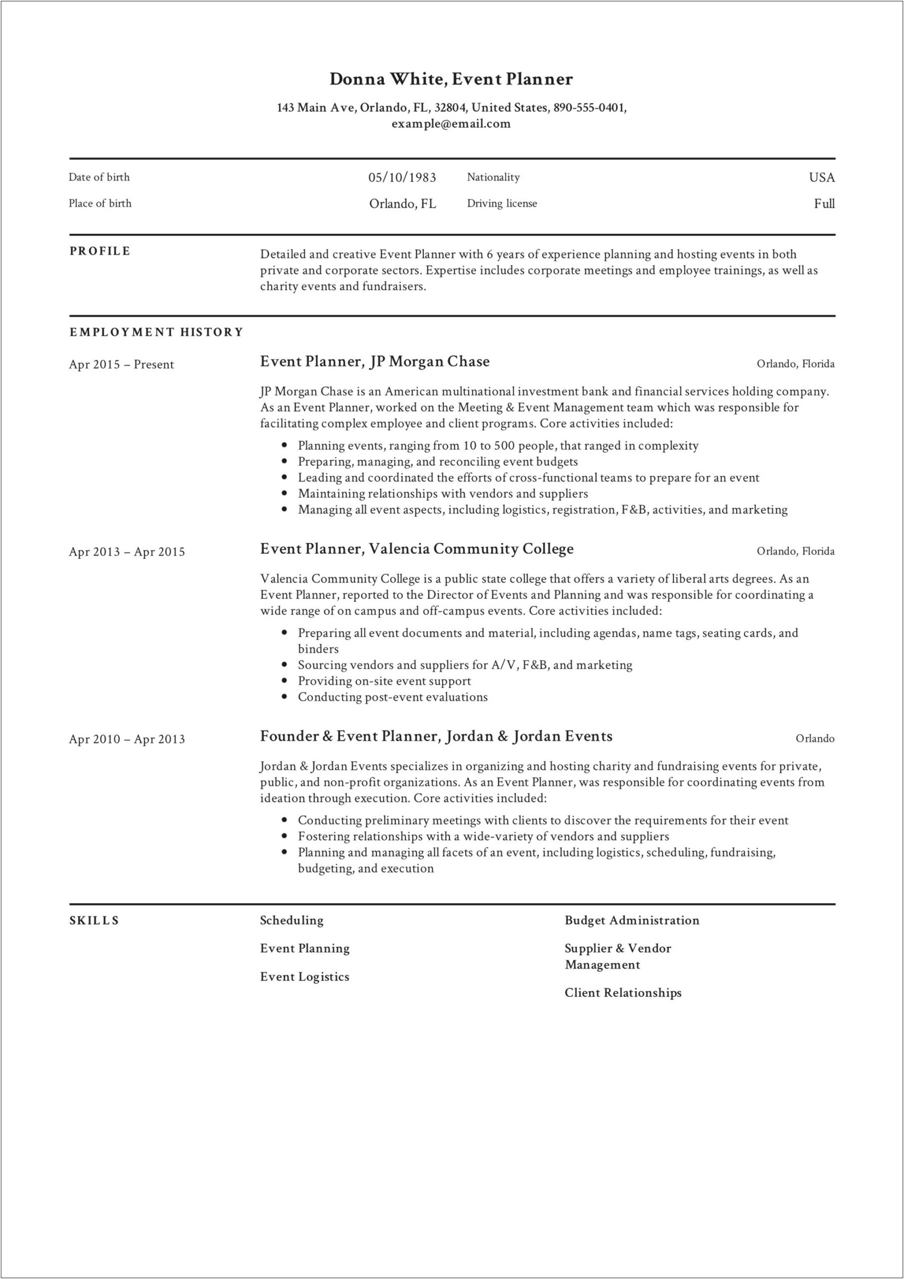 Summary For Resume No Work Experience Event Scheduling