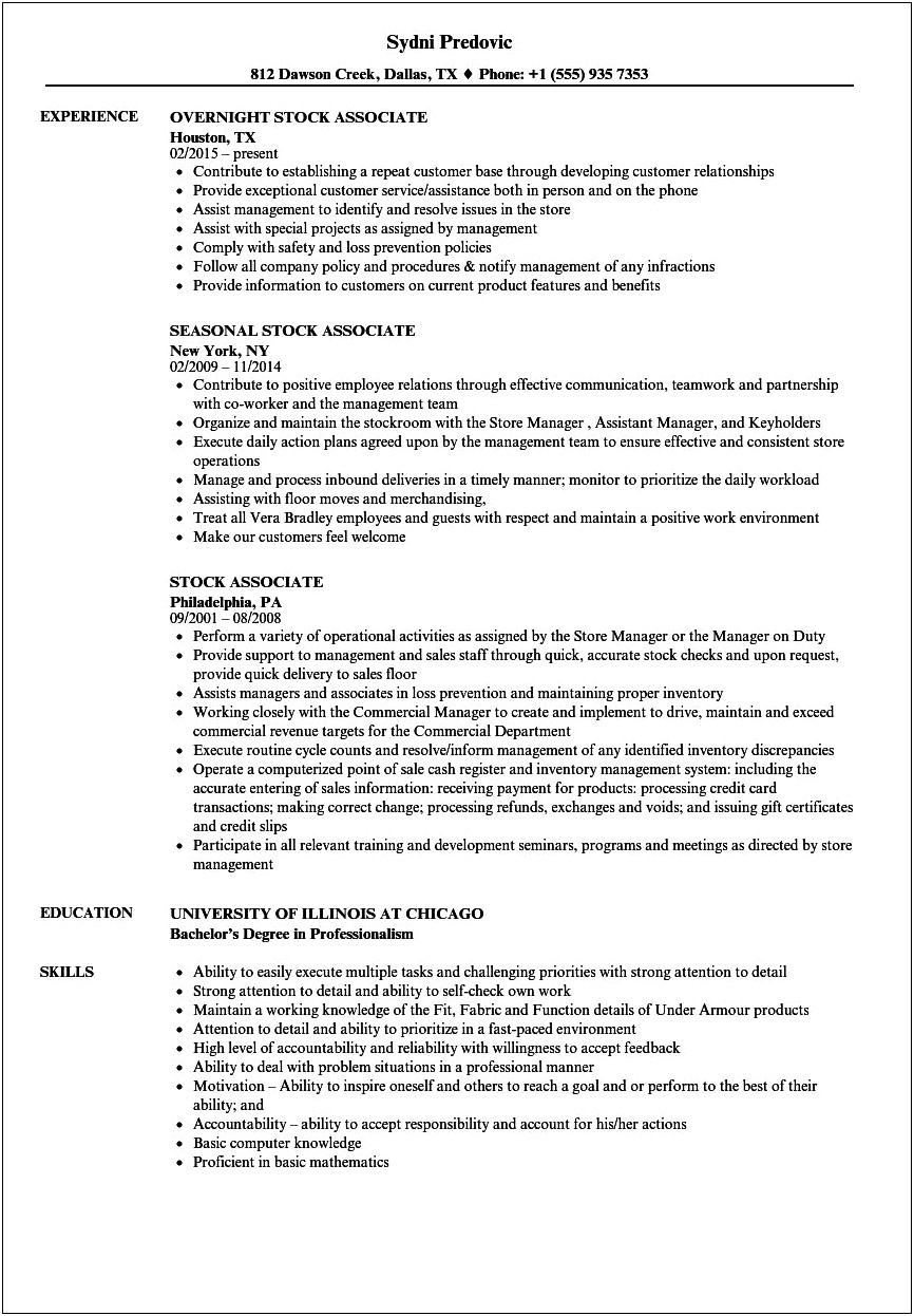 Summary For Resume Seeking An Overnight Stocker Position