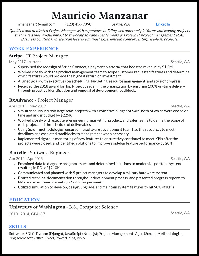 Summary For The Experienced Project Management Resume