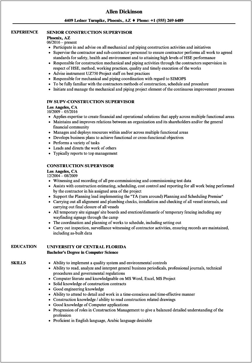 Summary In Civil Site Supervisor's Resume