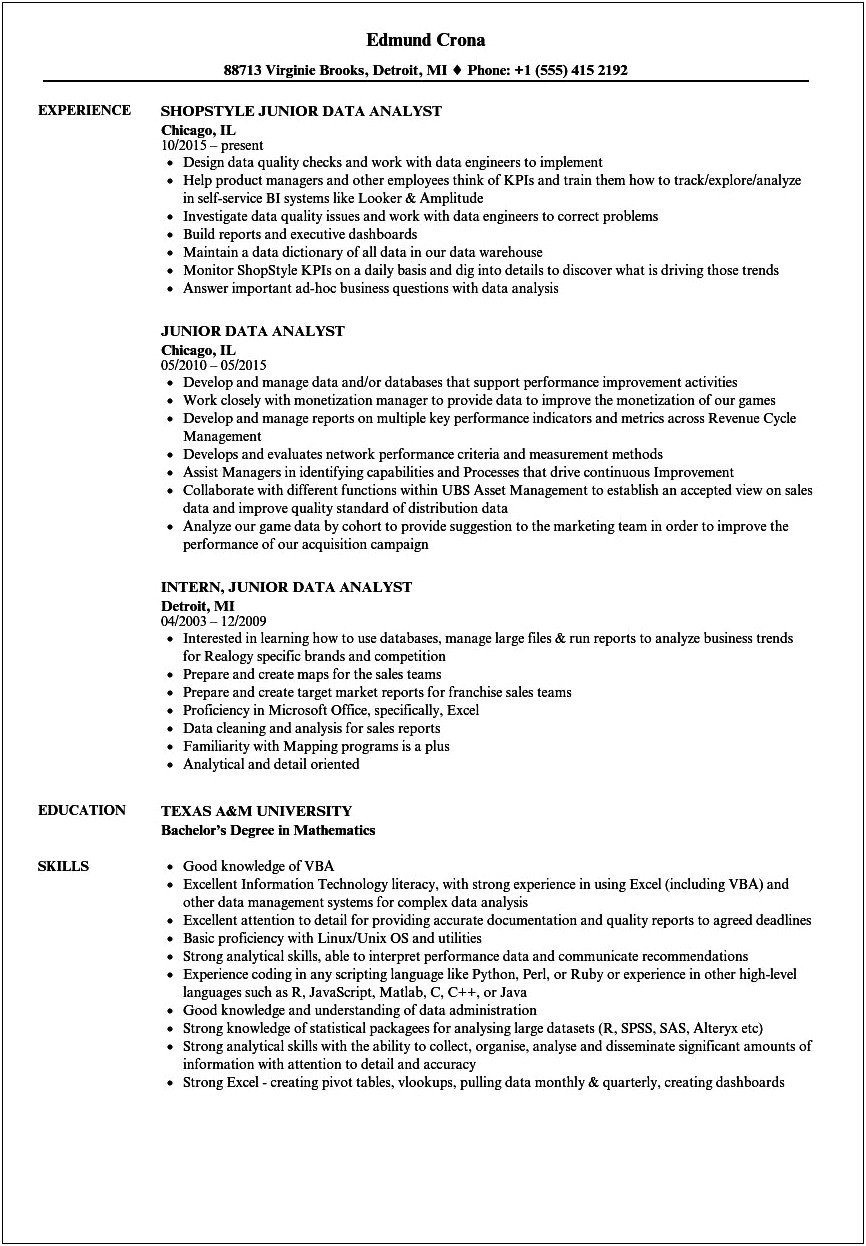 Summary In Resume For Entry Level Data Analyst