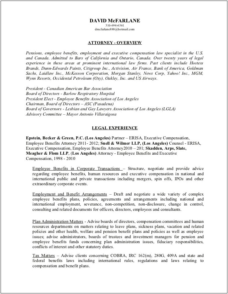 Summary Of Experience Resume Attorney Changing Career