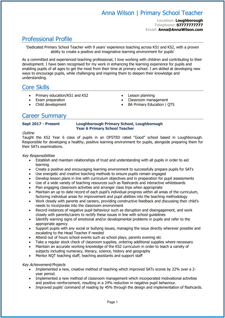 Summary Of Qualifications For A Teacher Resume