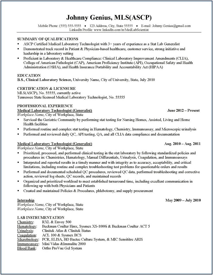 Summary Of Qualifications For Lab Technician Resume
