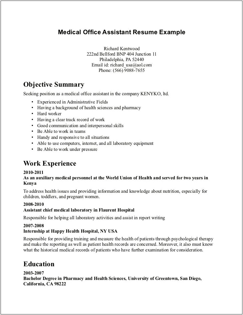 Summary Of Skills For Medical Assistant Resume