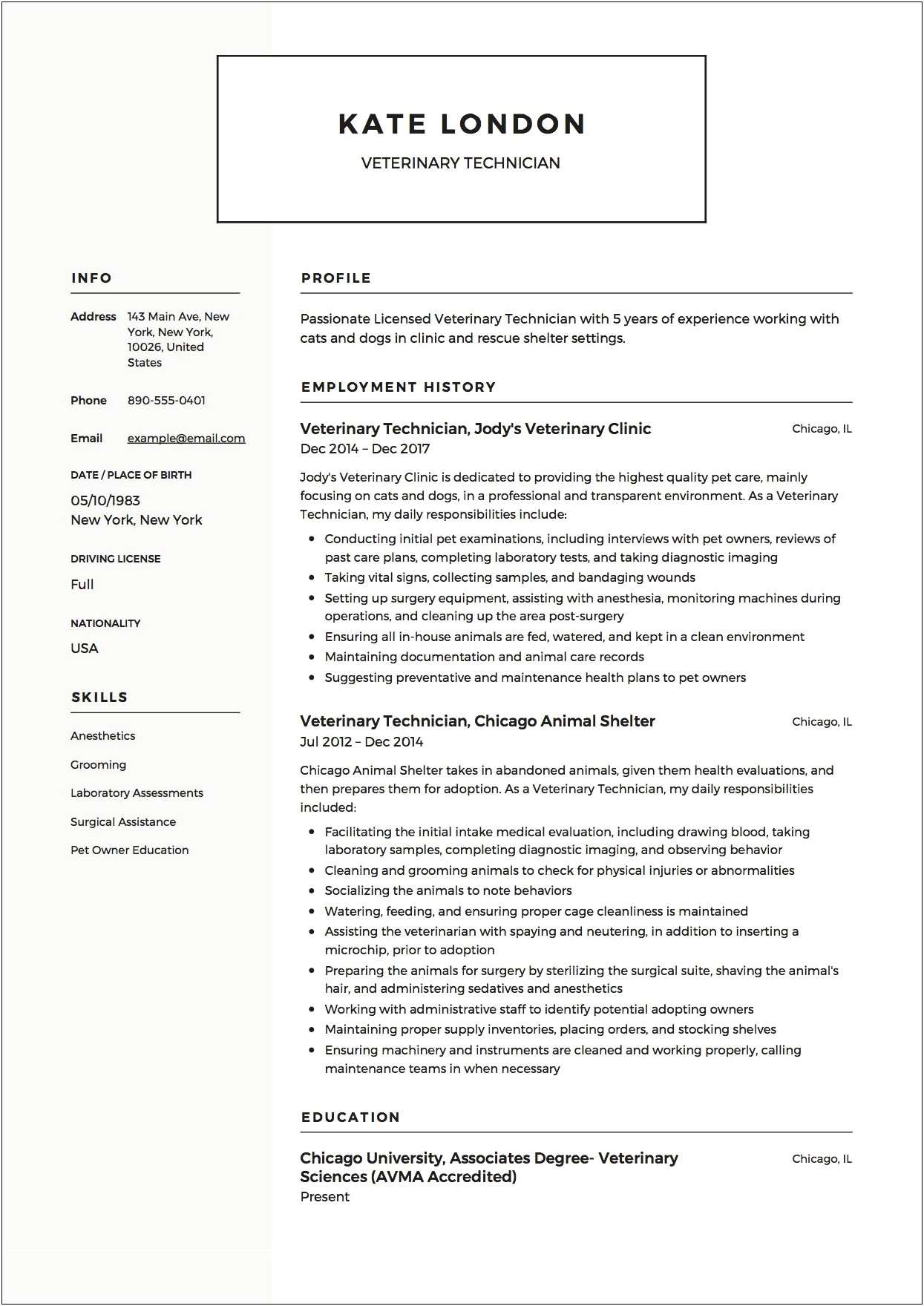 Summary Of Small Animal Vet Tech For Resume