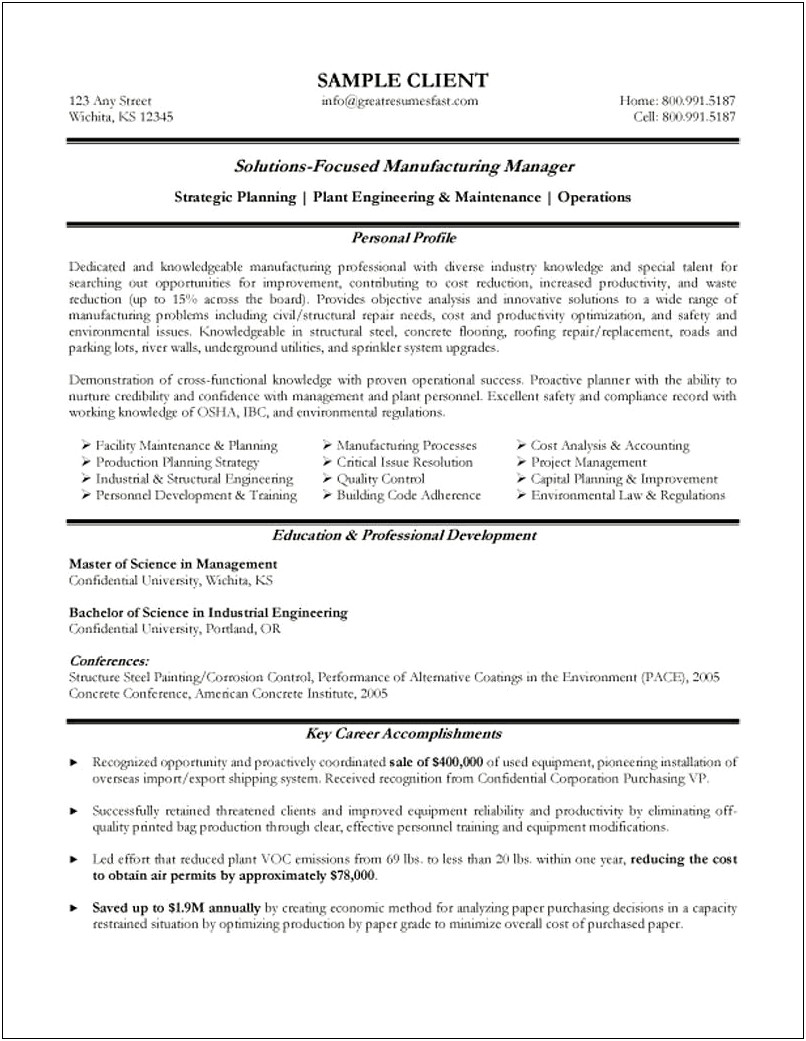 Summary On Resume For Manufacturing Operators