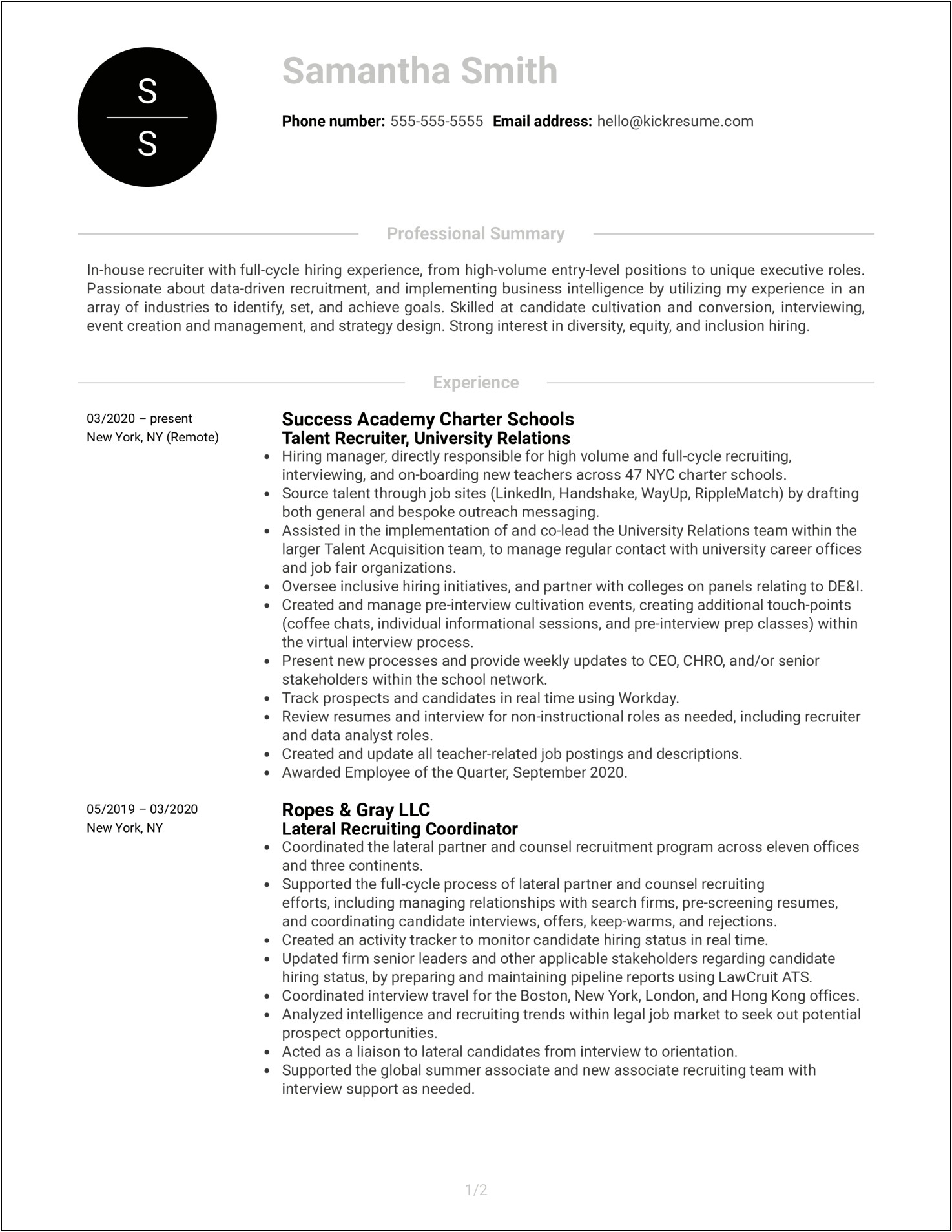 Summary Resume Examples For Experienced Recruiter