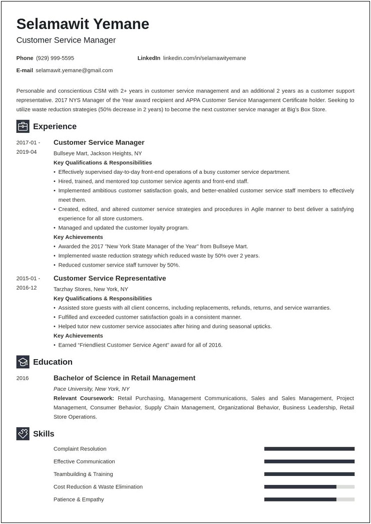 Supermarket Customer Service Representative Resume Sample