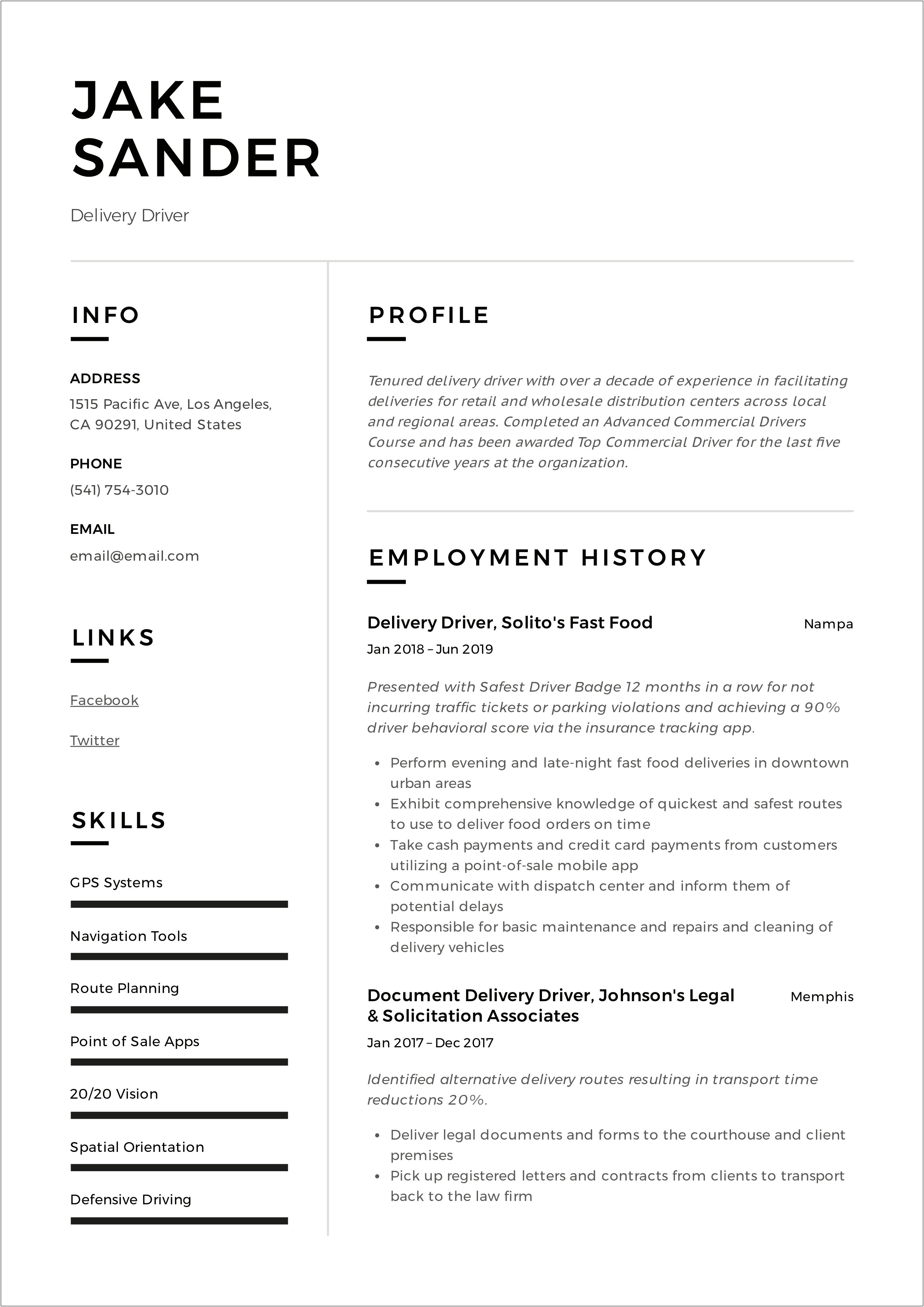 Supermarket Driver Job Description For Resume