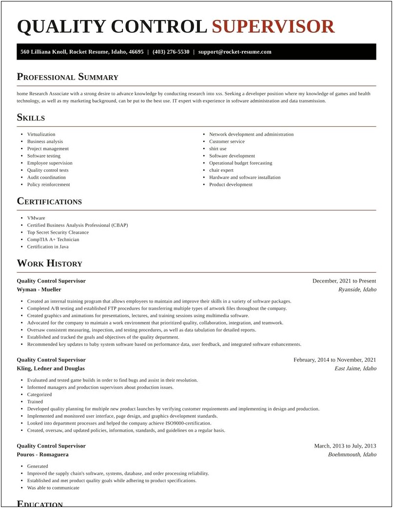 Supervisor In Quality Summary For Resume