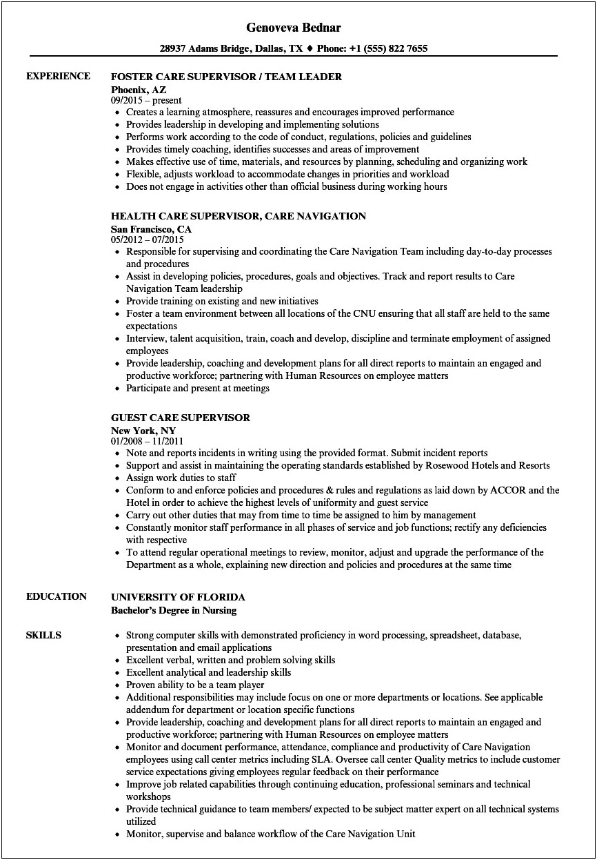 Supervisor Job Description For Resume Health