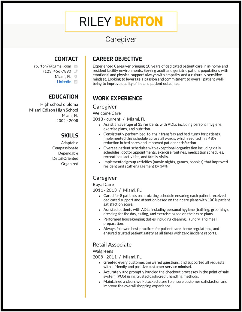 Supervisor Of Care Givers Resume Examples