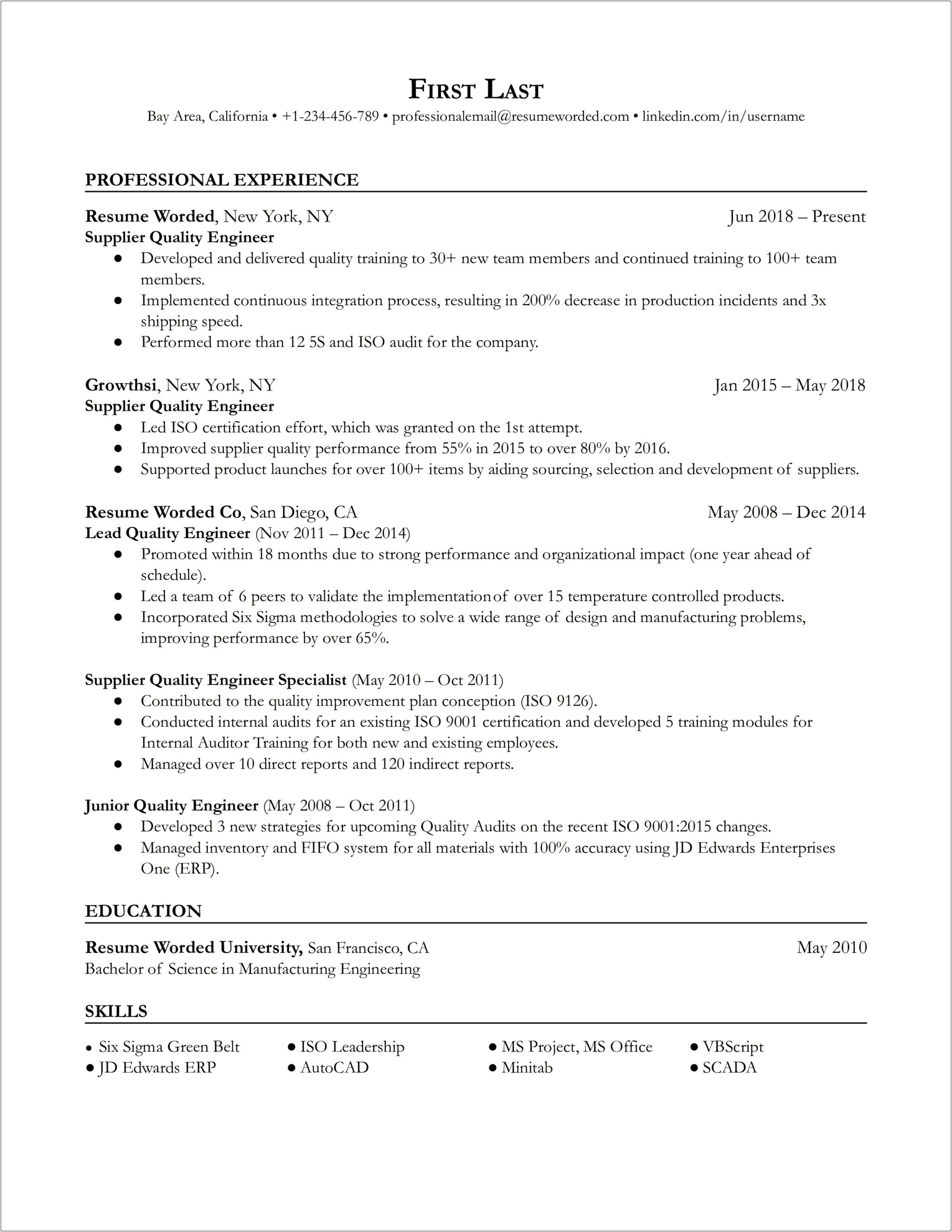 Supplier Quality Engineer Resume Job Hero