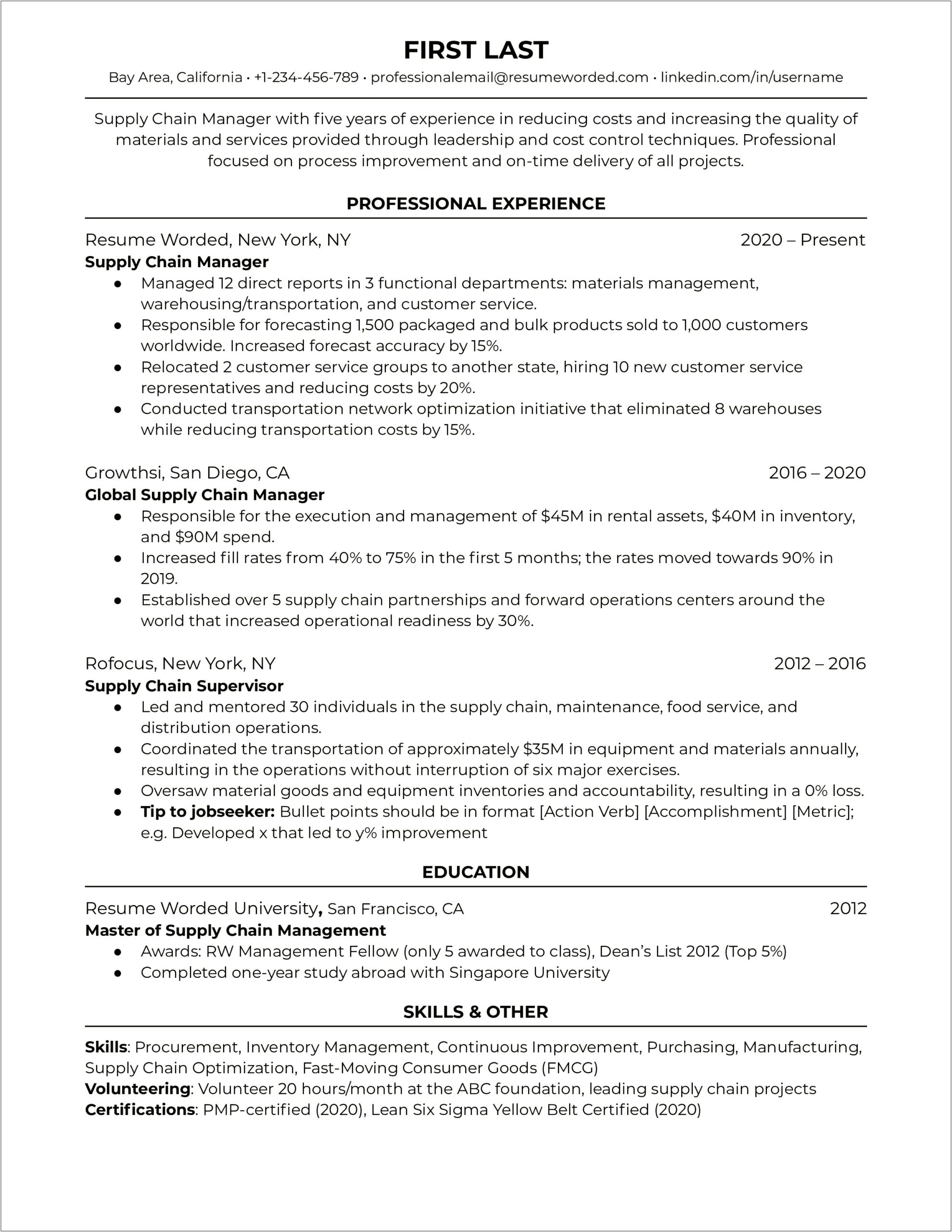 Supply Chain Entry Level Resume Samples