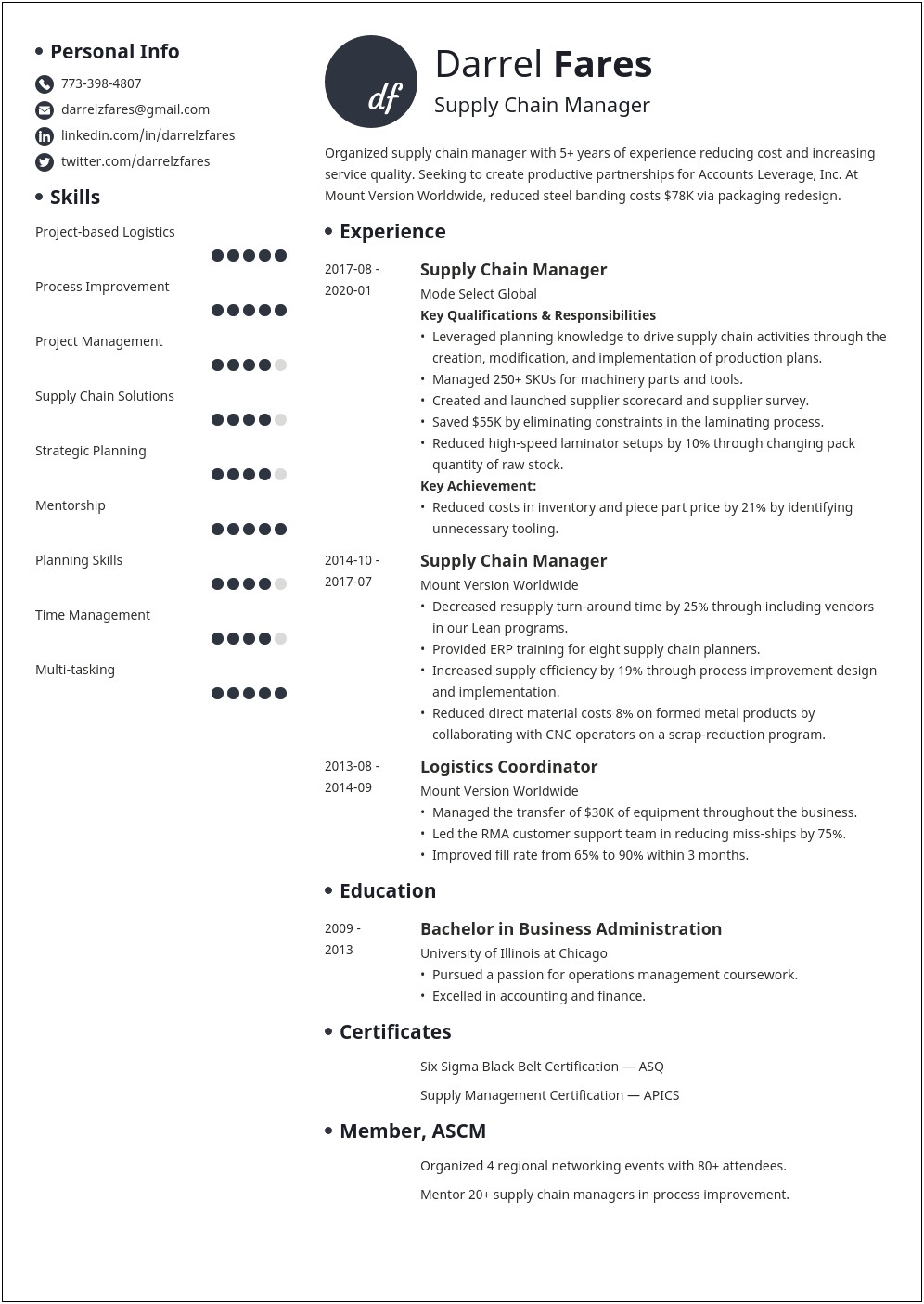 Supply Chain Management Executive Sample Resume
