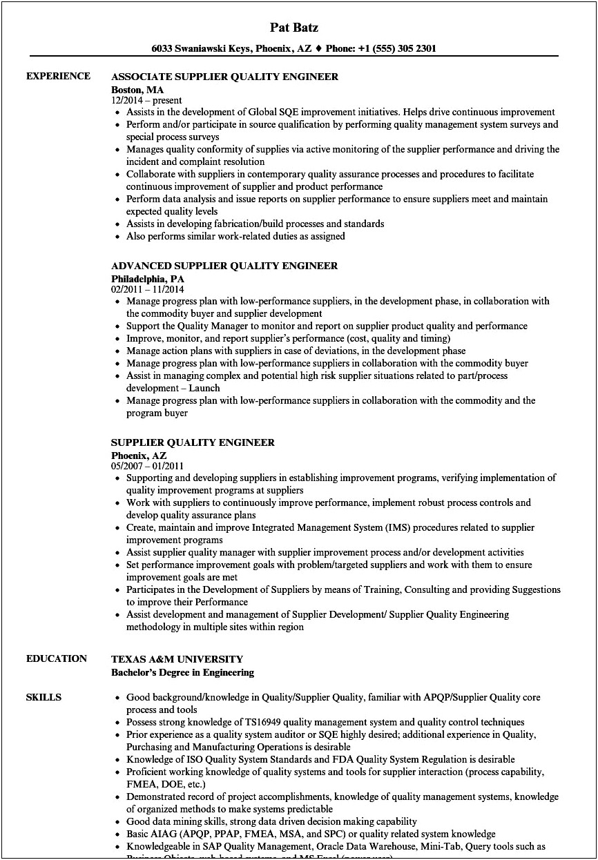 Supply Chain Quality Engineer Resume Samples