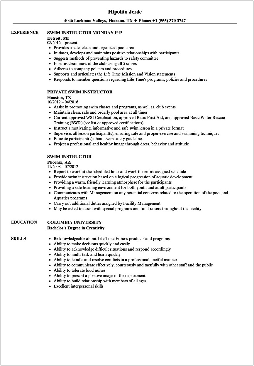 Swimming Instructor Parent And Tot Resume Example