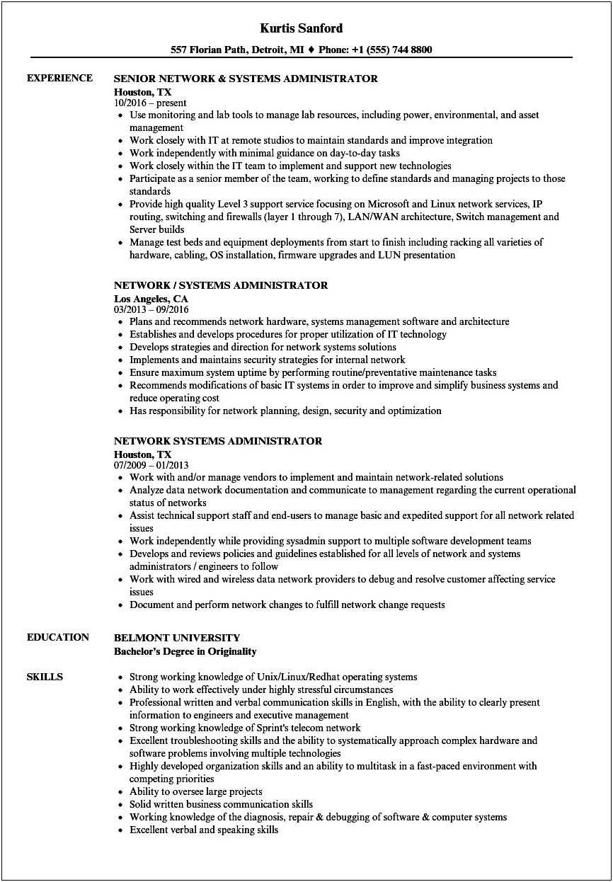 System Administrator Resume For 1 Year Experience