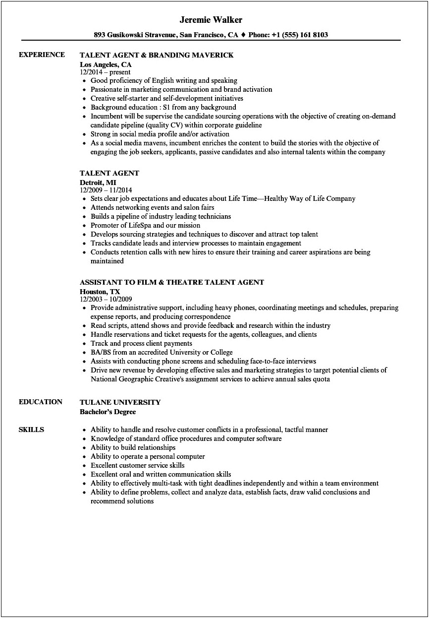 Talent Agency Book Keeping Resume Templates Suggestions