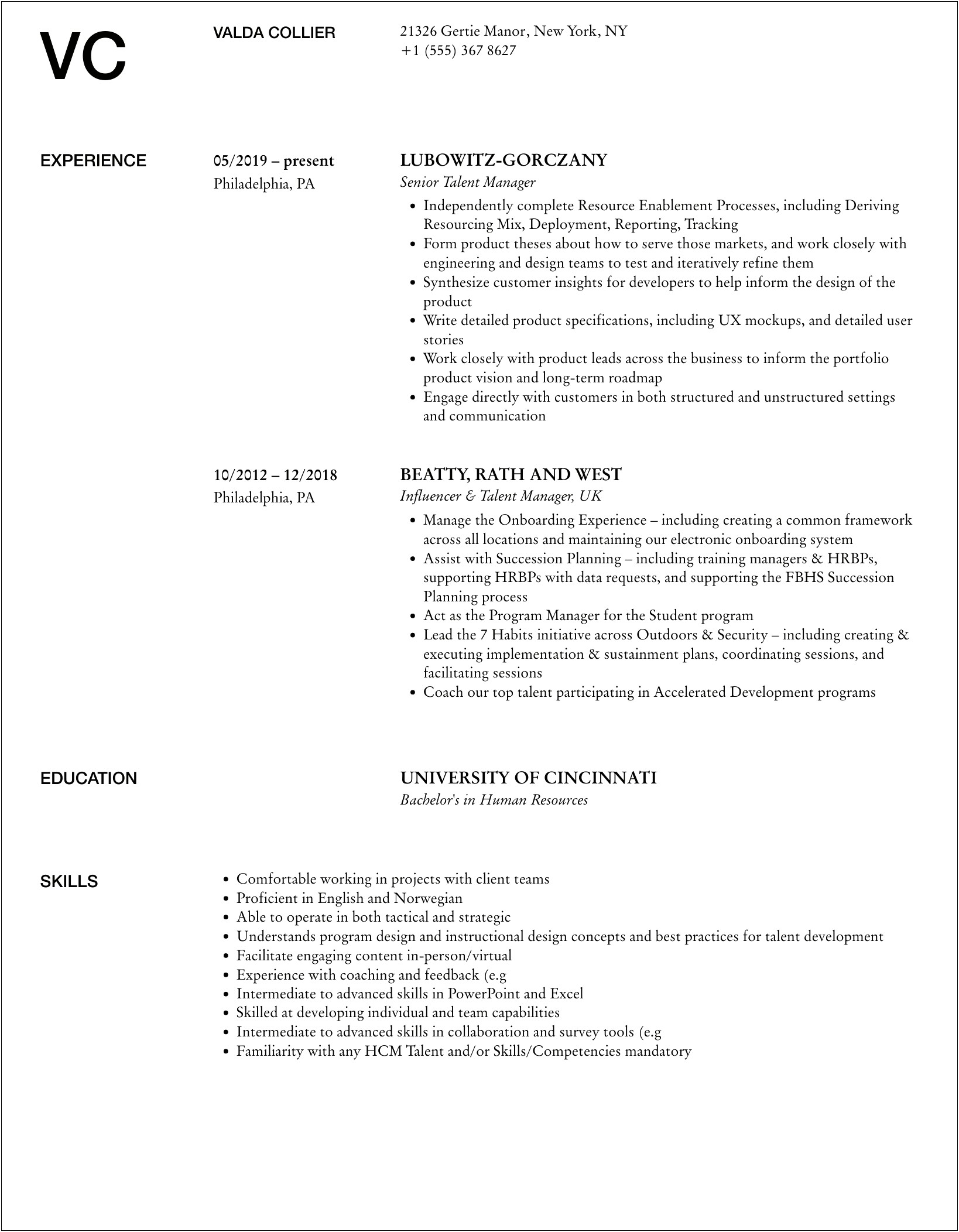 Talent Manager Resume And Conducting Unemployment Hearings