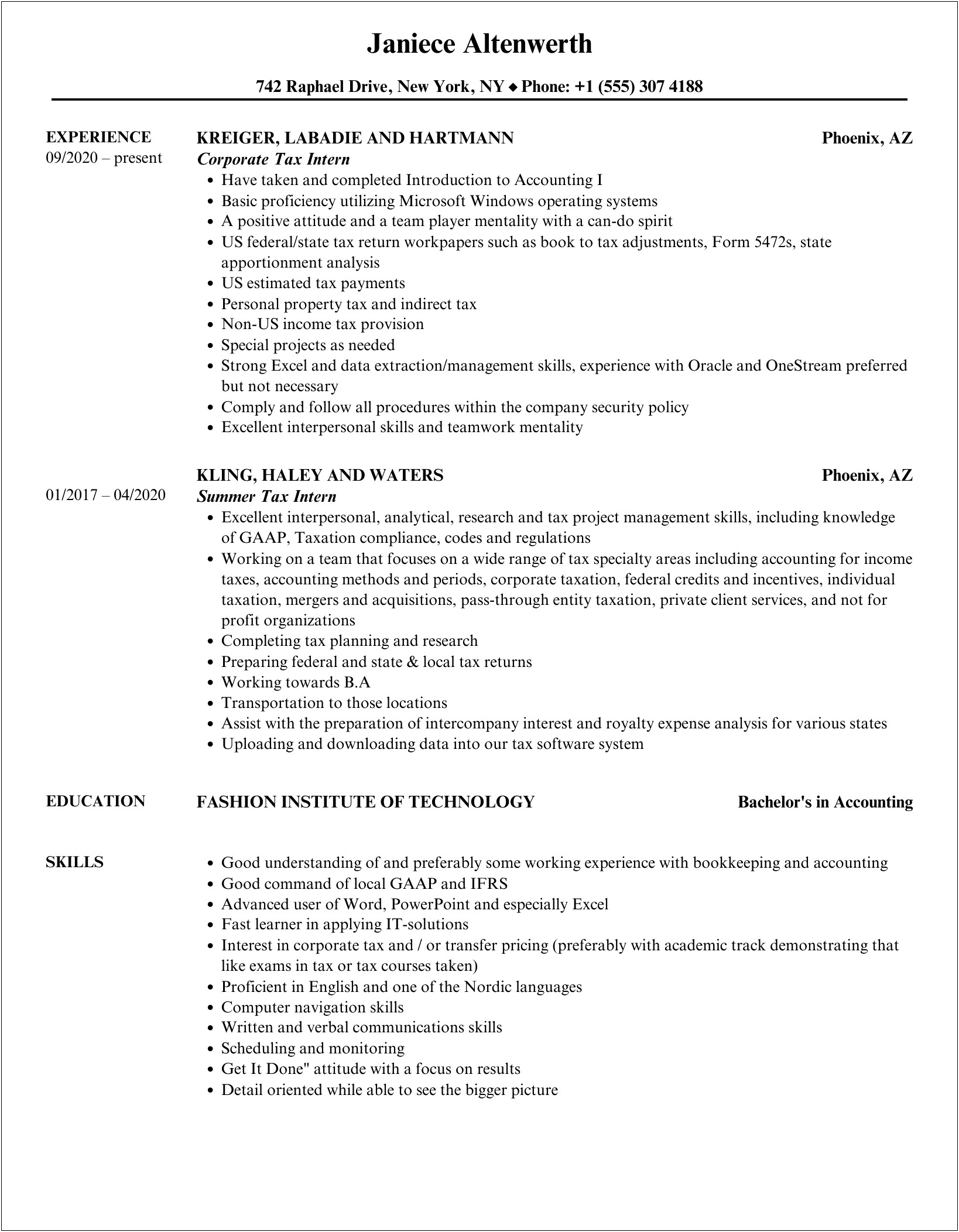 Tax Intership Description For An Resume Sample