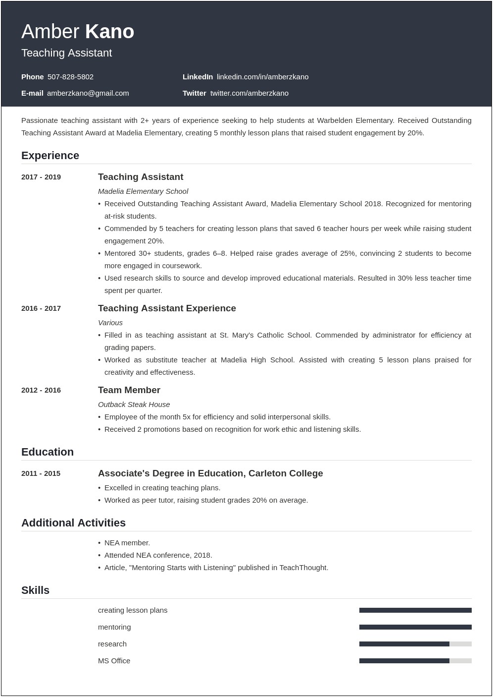 Teacher Assistant Resume Additional Technology Skills