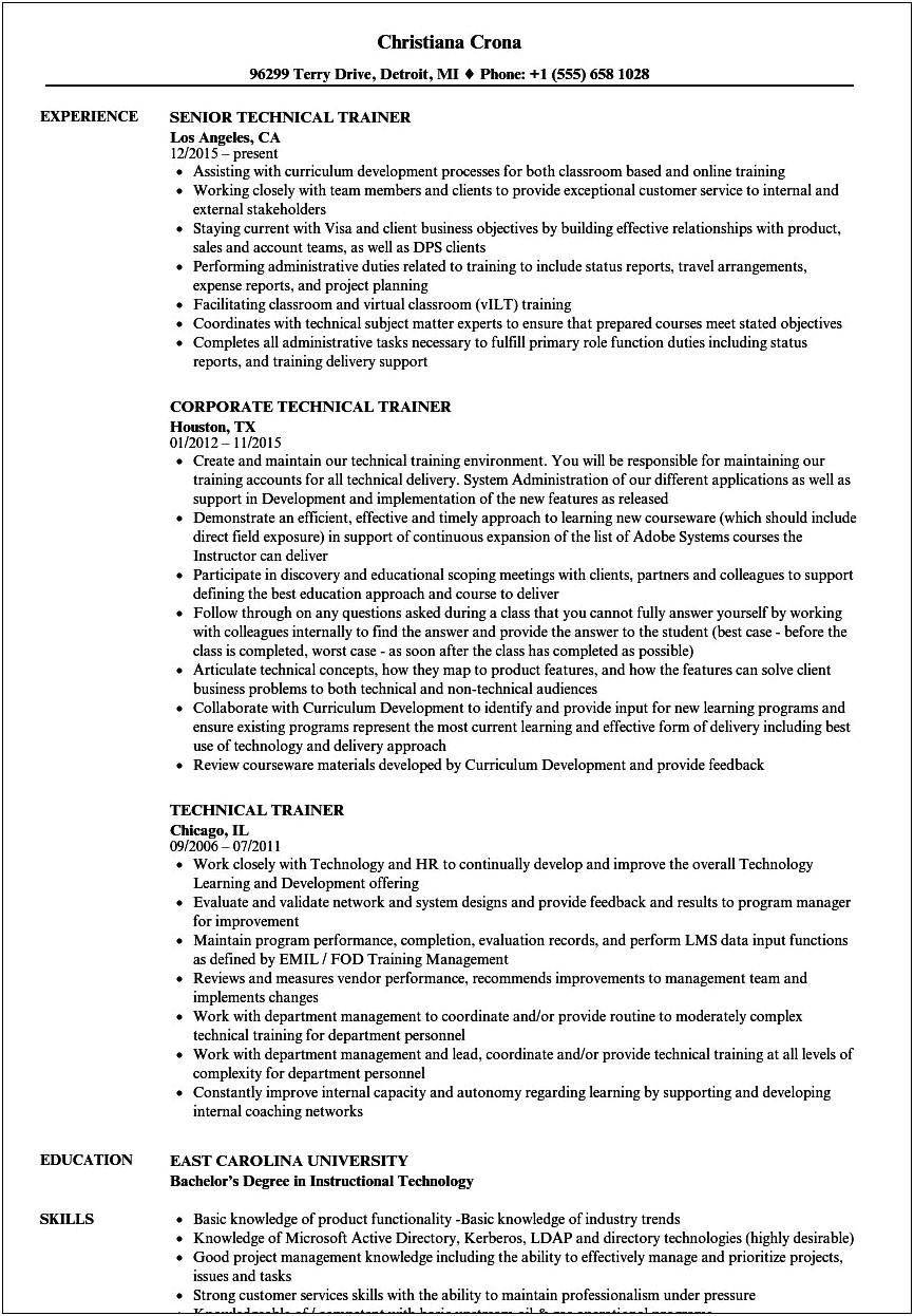 Teacher To Corporate Trainer Resume Example