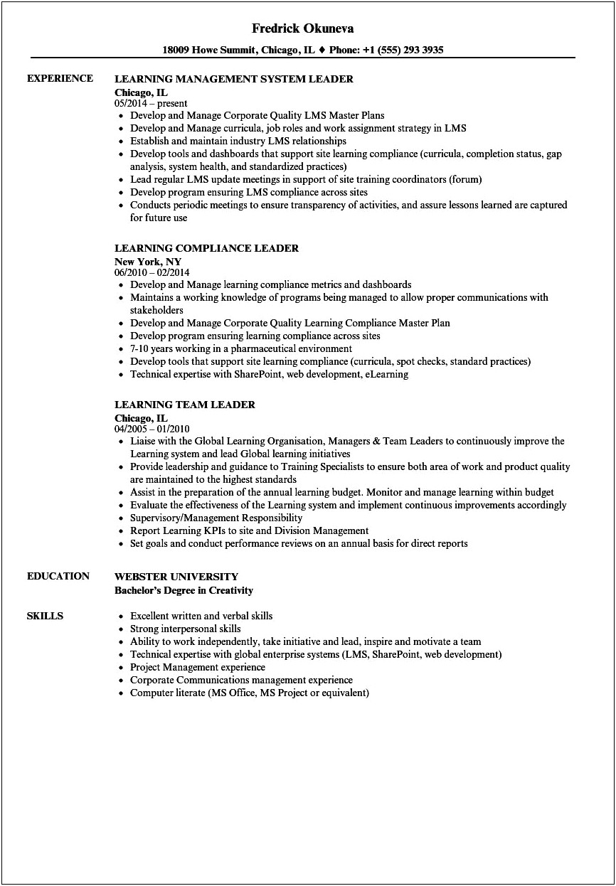 Teaching Resume With Team Lead Experience