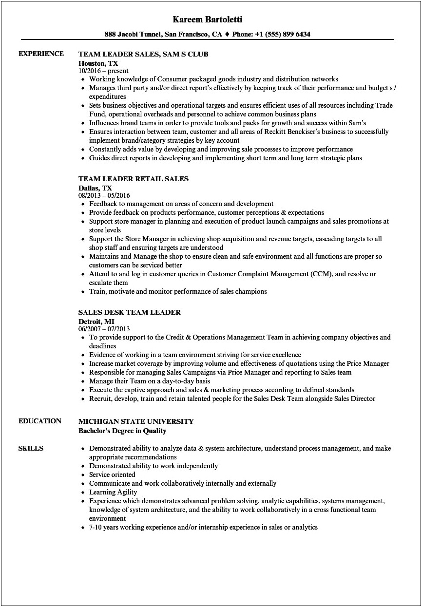 Team Leader Sale Specialist Description For Resume