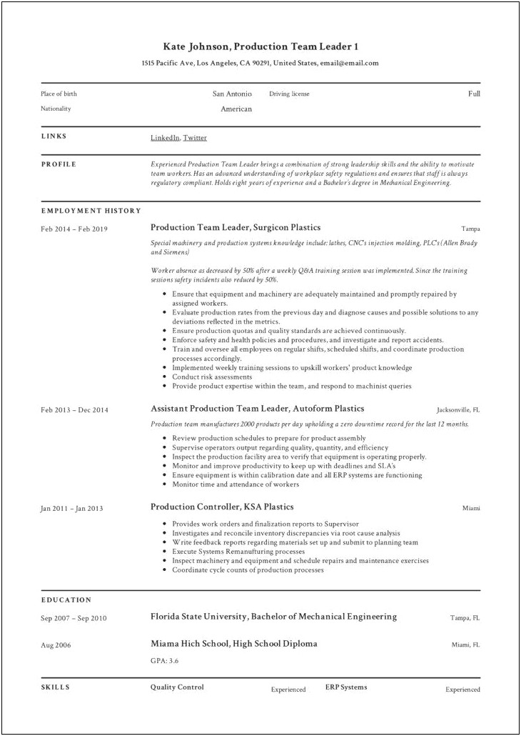 Team Leader Skills And Abilities For Resume
